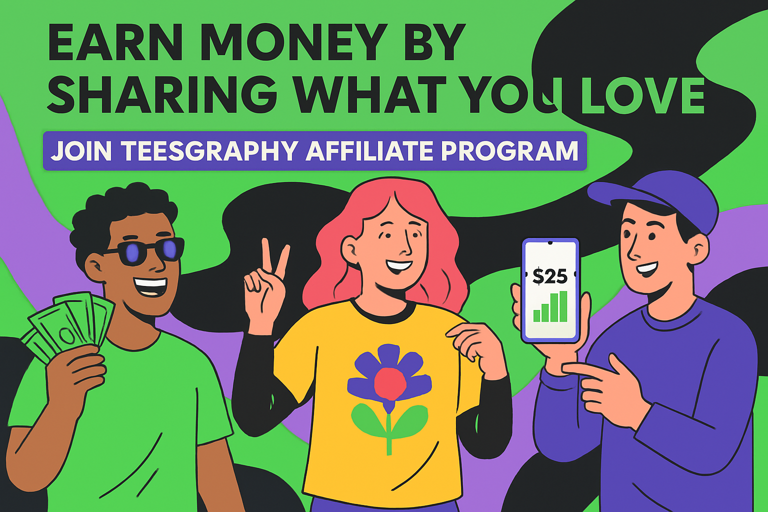 Custom T-shirt printing process with design mockups and production images.